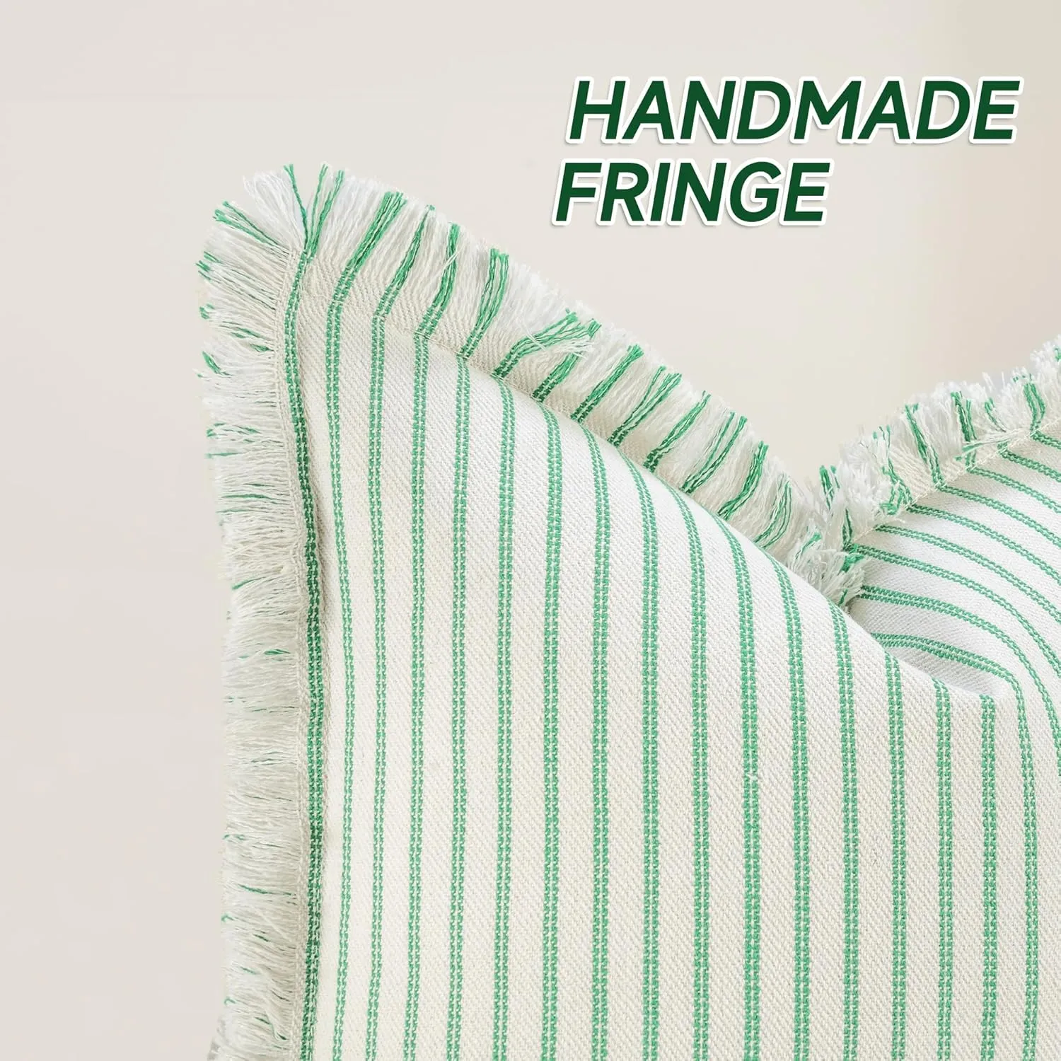 ZWJD Throw Pillow Covers 18x18 Set of 2 Green Striped Pillow Covers with Fringe Chic Cotton Decorative Pillows Square Cushion Covers for Sofa Couch Bed Living Room Farmhouse Spring Decor