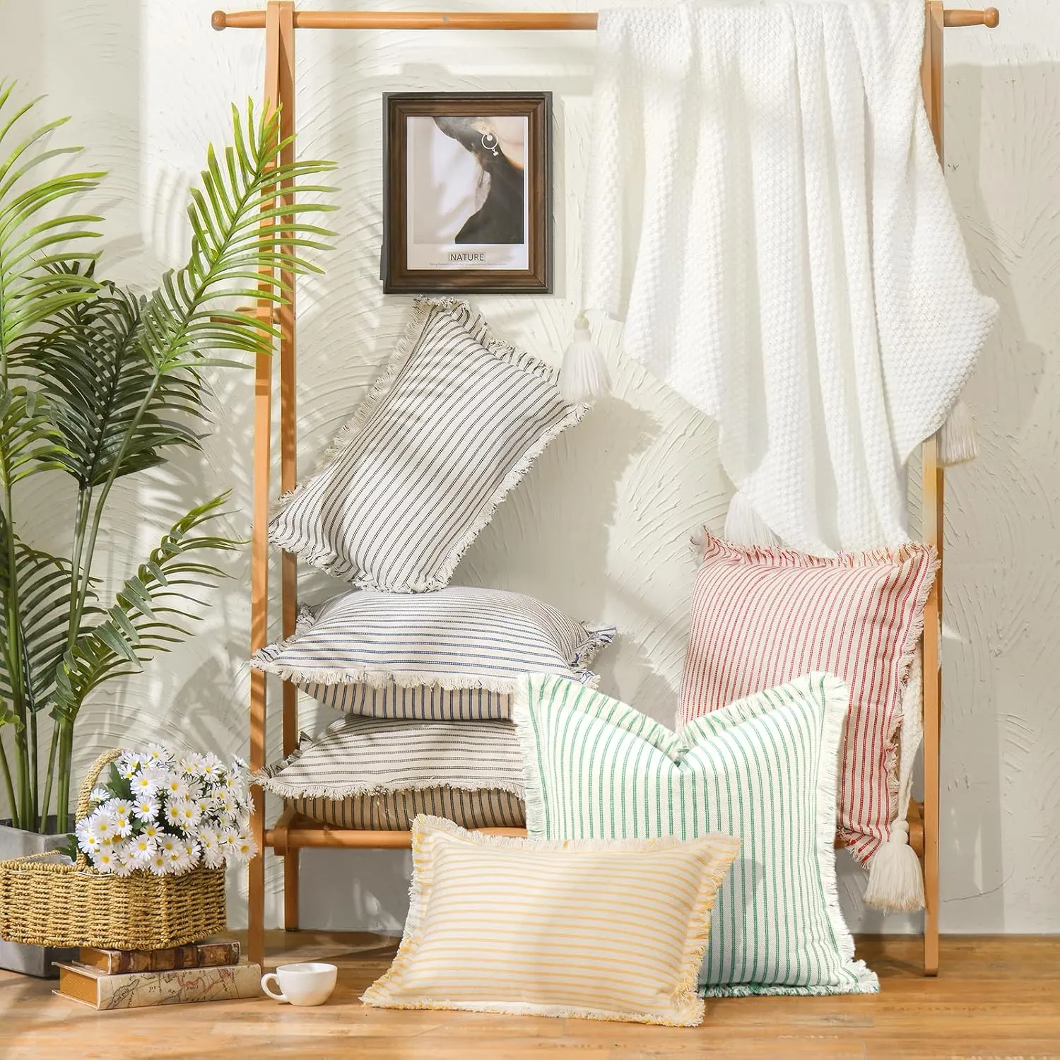 ZWJD Throw Pillow Covers 18x18 Set of 2 Green Striped Pillow Covers with Fringe Chic Cotton Decorative Pillows Square Cushion Covers for Sofa Couch Bed Living Room Farmhouse Spring Decor