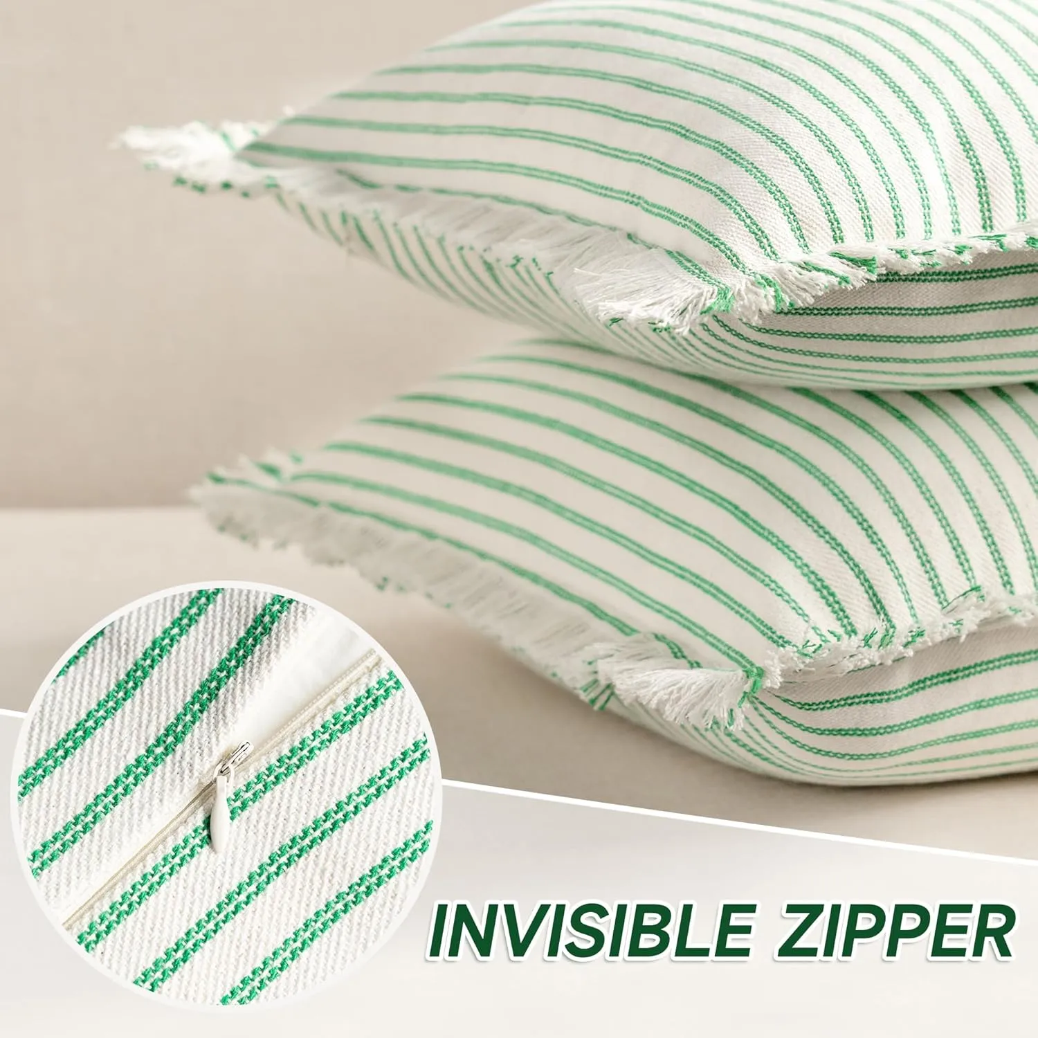 ZWJD Throw Pillow Covers 18x18 Set of 2 Green Striped Pillow Covers with Fringe Chic Cotton Decorative Pillows Square Cushion Covers for Sofa Couch Bed Living Room Farmhouse Spring Decor